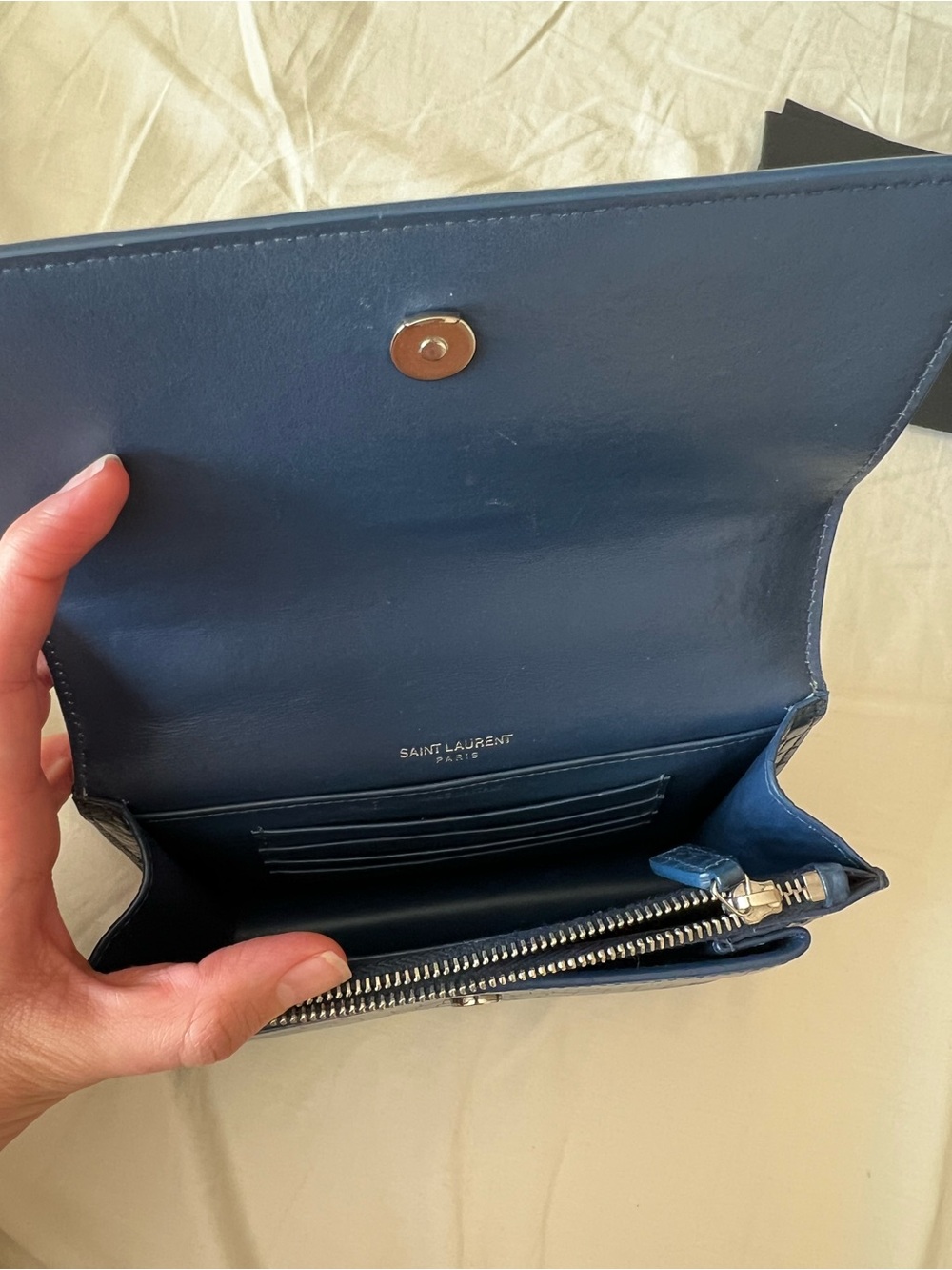 Saint Laurent Small Sunset Bag in Denim Blue Croc-Embossed Leather - Picture 12 of 16